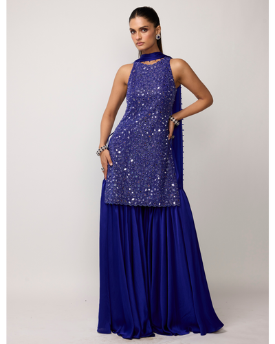 Cocktail Blue Satin Sharara Set