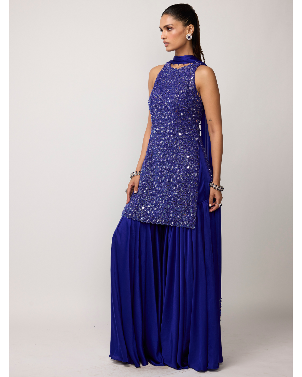 Cocktail Blue Satin Sharara Set