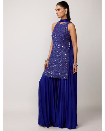 Cocktail Blue Satin Sharara Set
