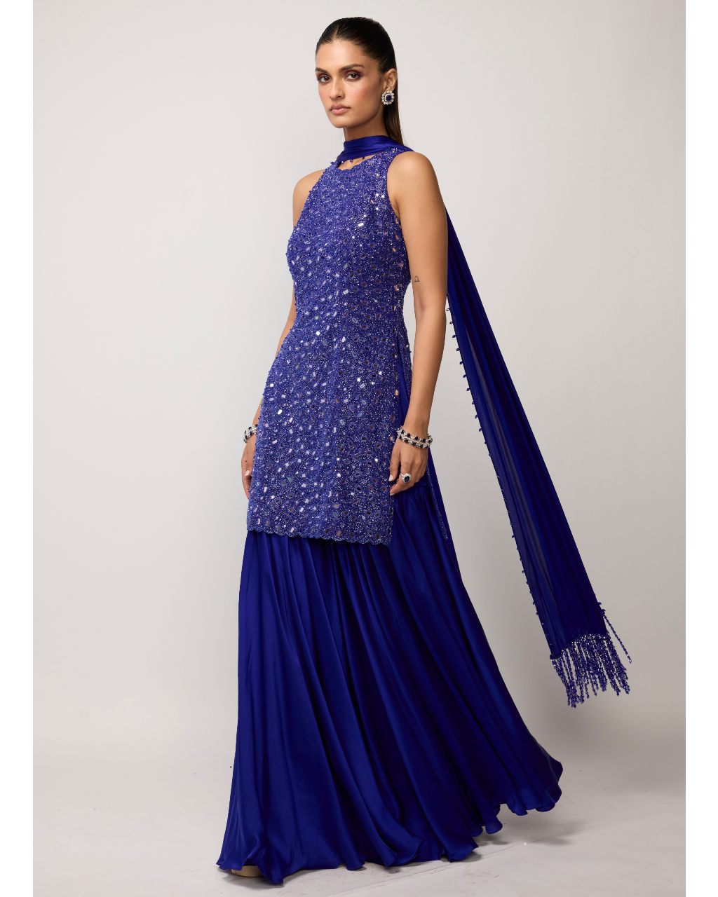 Cocktail Blue Satin Sharara Set