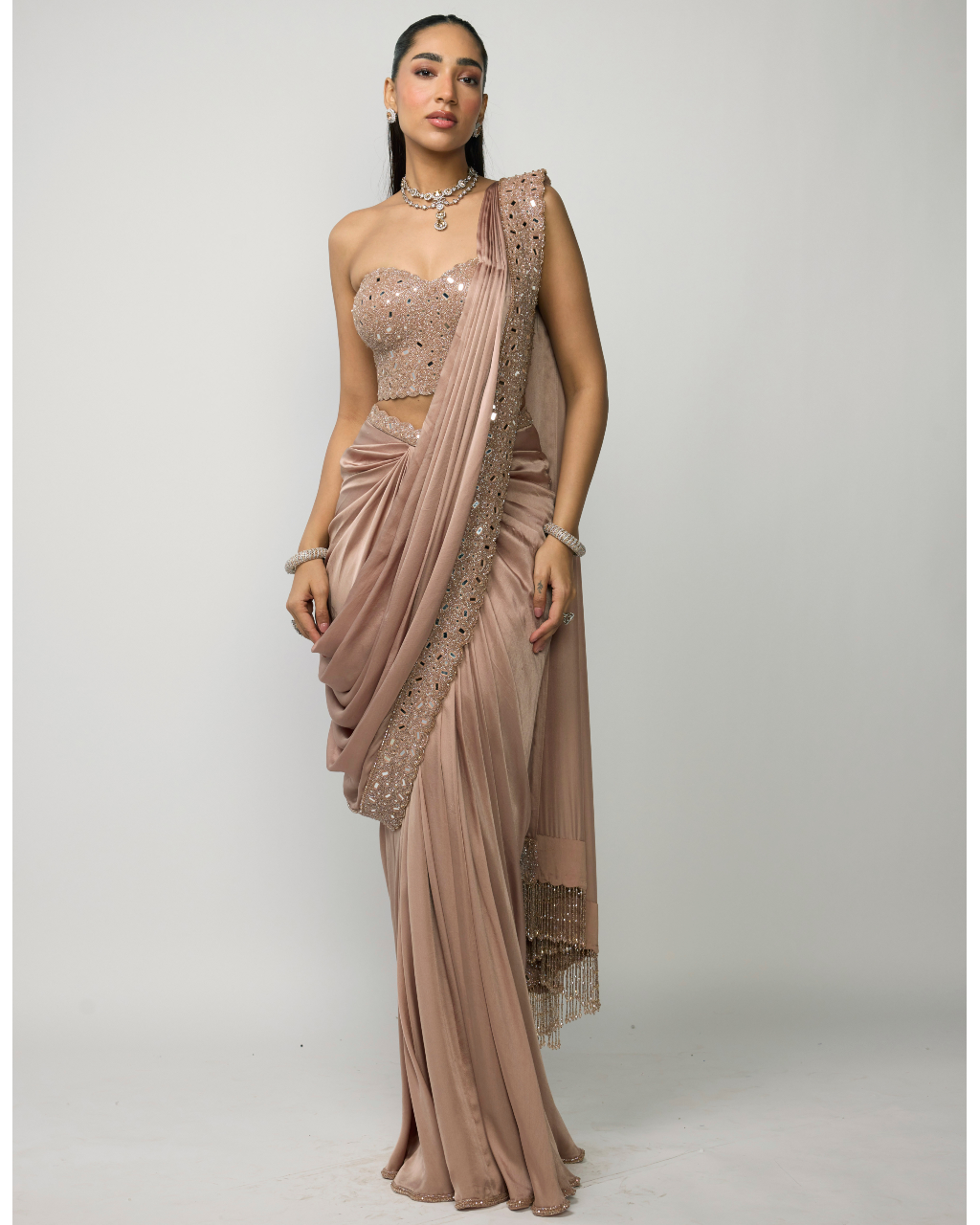 Bronze Rosé Draped Sari Set