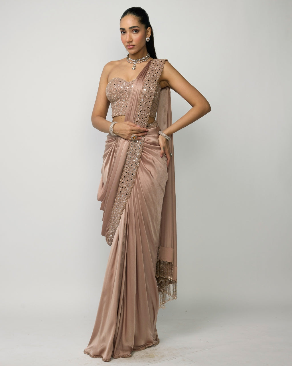 Bronze Rosé Draped Sari Set