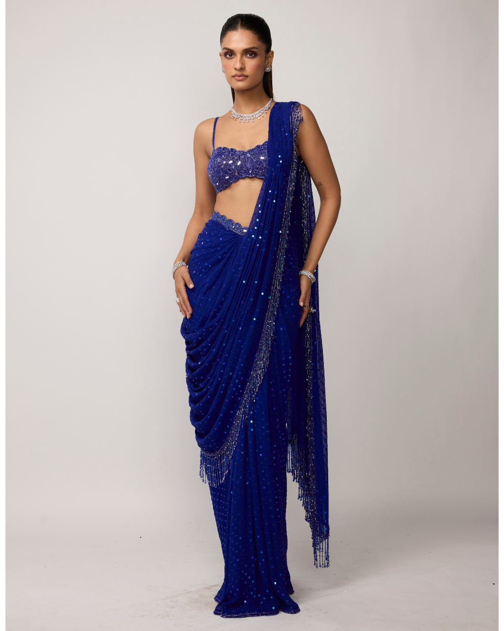 Cocktail Blue Sequins Embroidered Sari Set
