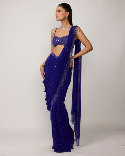 Cocktail Blue Sequins Embroidered Sari Set