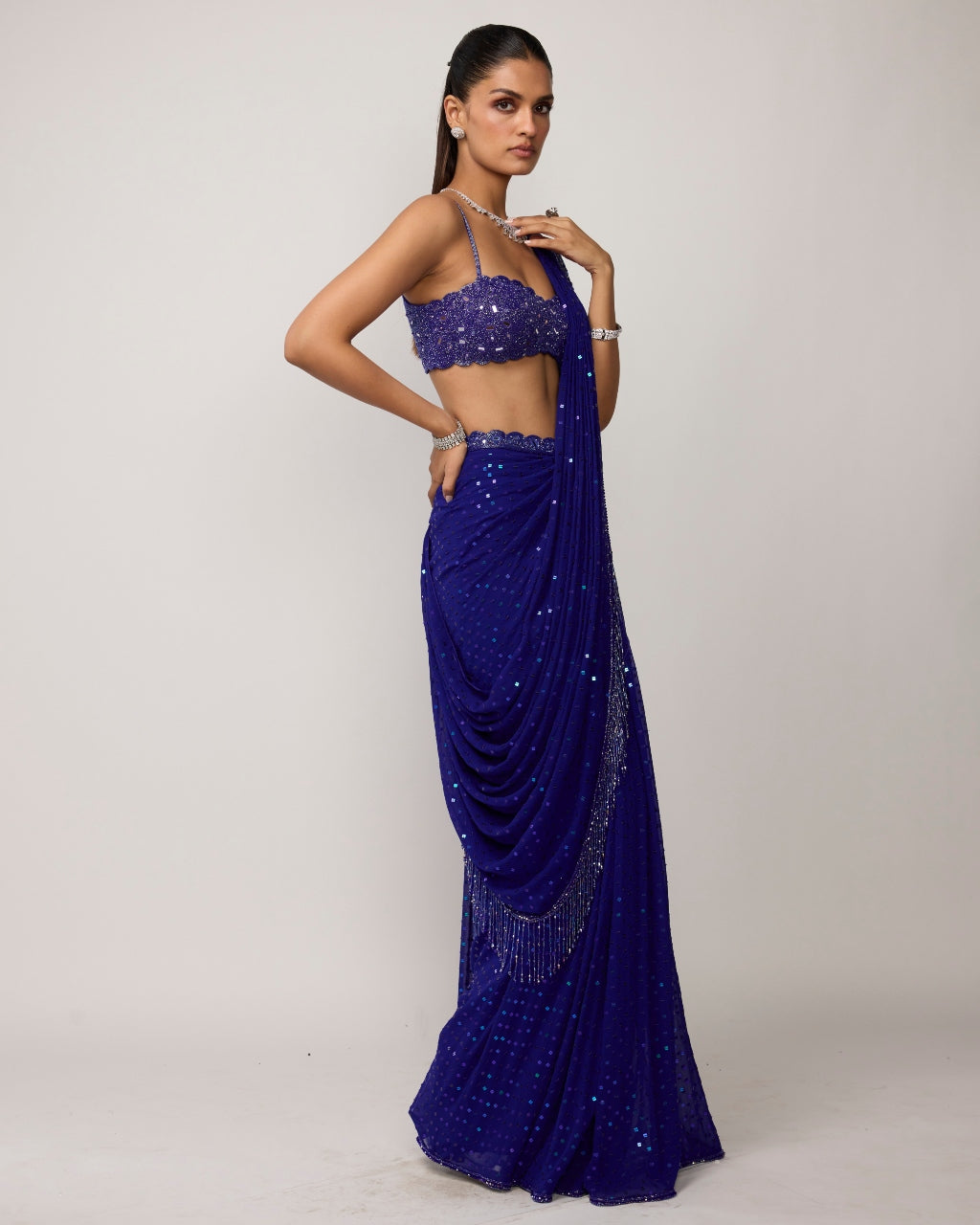 Cocktail Blue Sequins Embroidered Sari Set