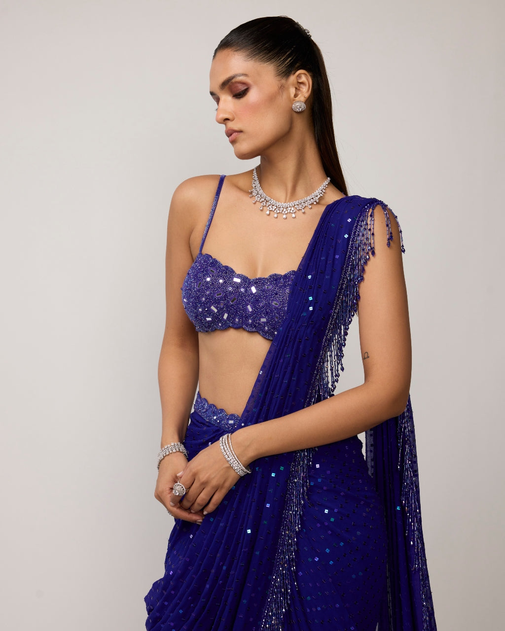 Cocktail Blue Sequins Embroidered Sari Set