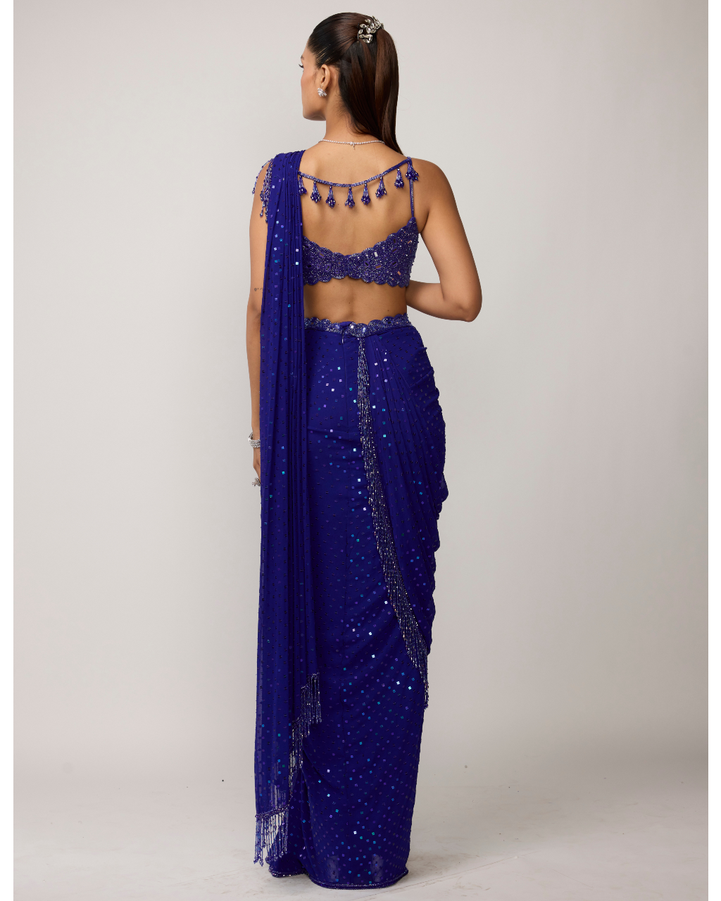 Cocktail Blue Sequins Embroidered Sari Set