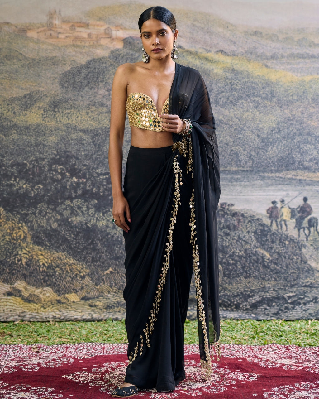 Shyama Mirror Pre-Draped Sari Set