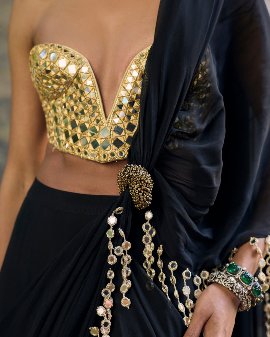 Shyama Mirror Pre-Draped Sari Set