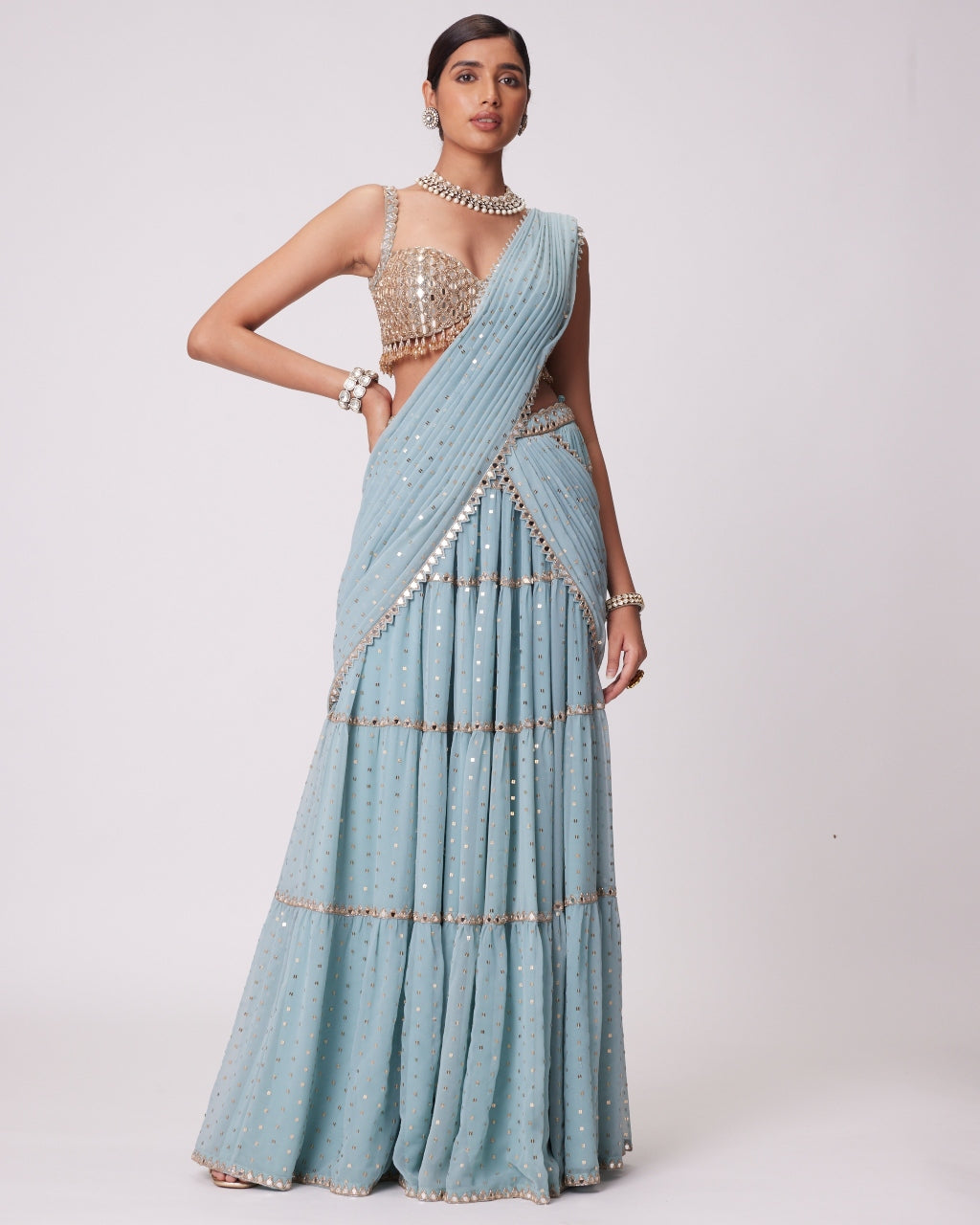 Powder Blue Multi Tier Hand Embroidered Sari Set