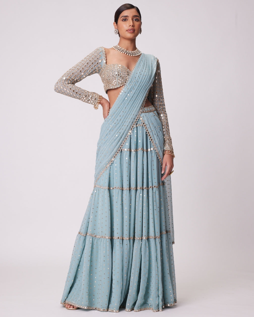 Powder Blue Multi Tier Hand Embroidered Sari Set