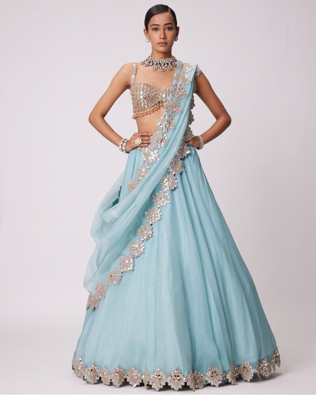 Powder Blue Organza Mirror Embroidered Lehenga Set