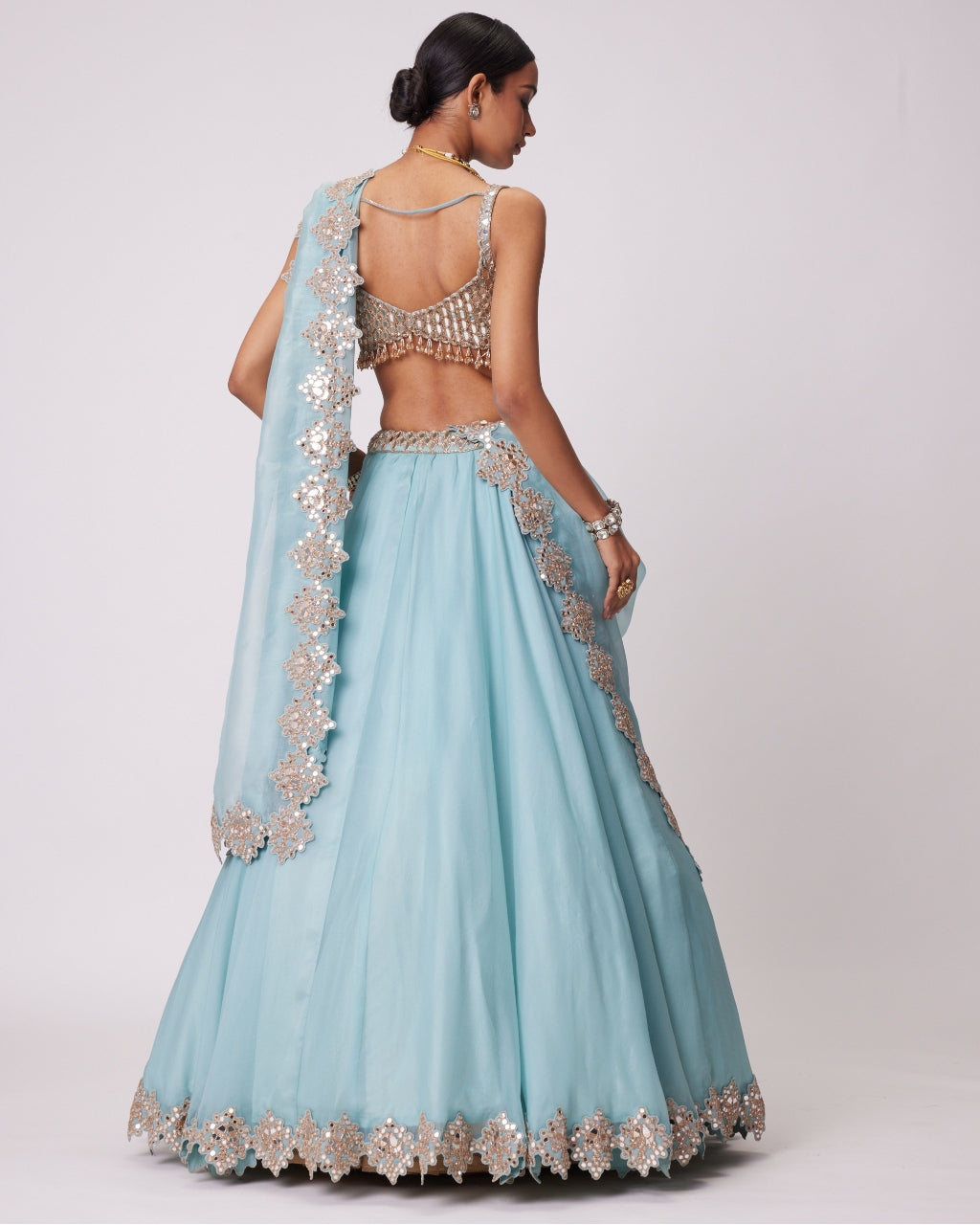 Powder Blue Organza Mirror Embroidered Lehenga Set | Vvani by Vani Vats XS / 42 / Full Sleeve Powder Blue Organza Mirror Embroidered Lehenga Set | Vvani by Vani Vats XS / 42 / Full Sleeve