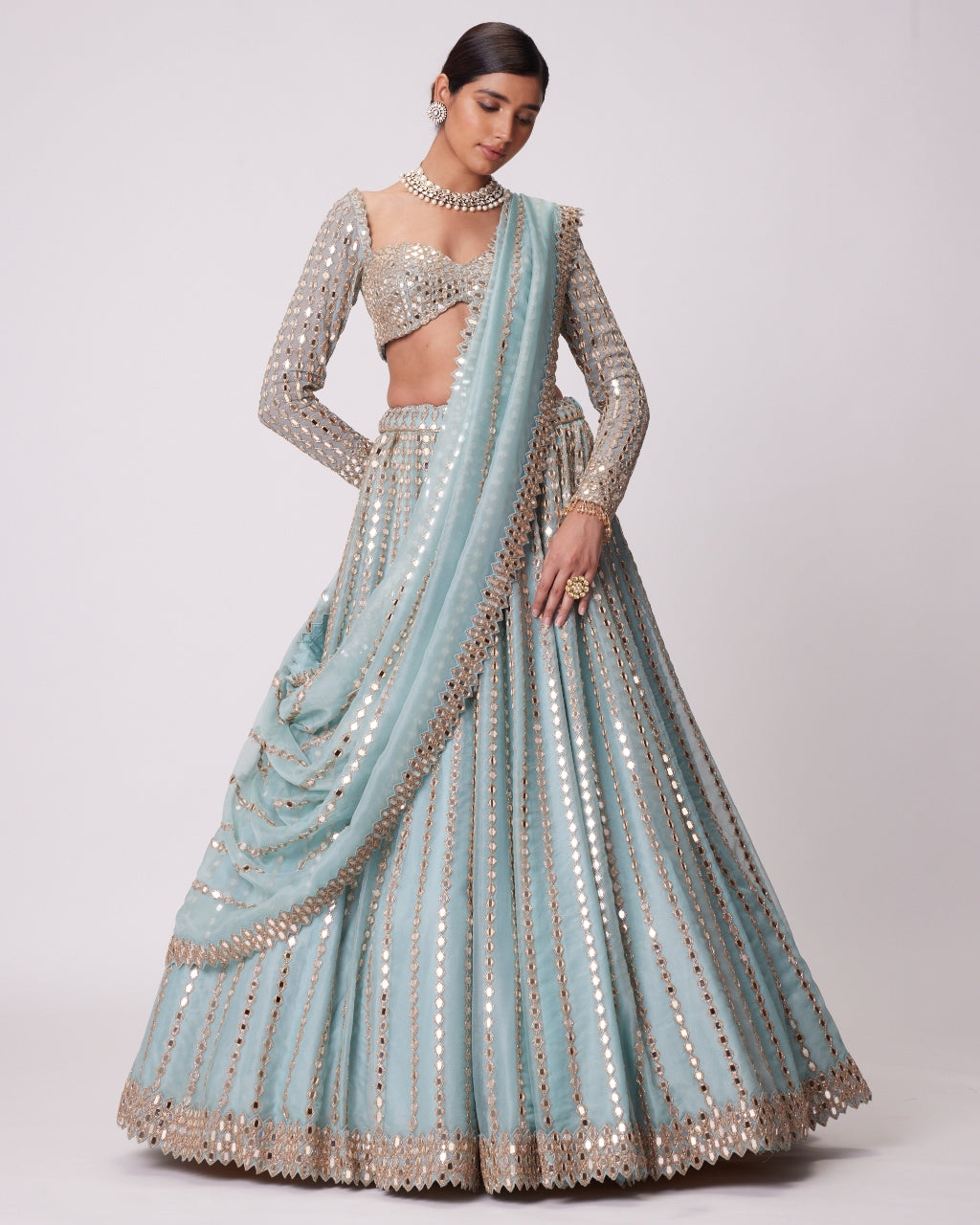 Powder Blue Linear Embroidered Lehenga Set