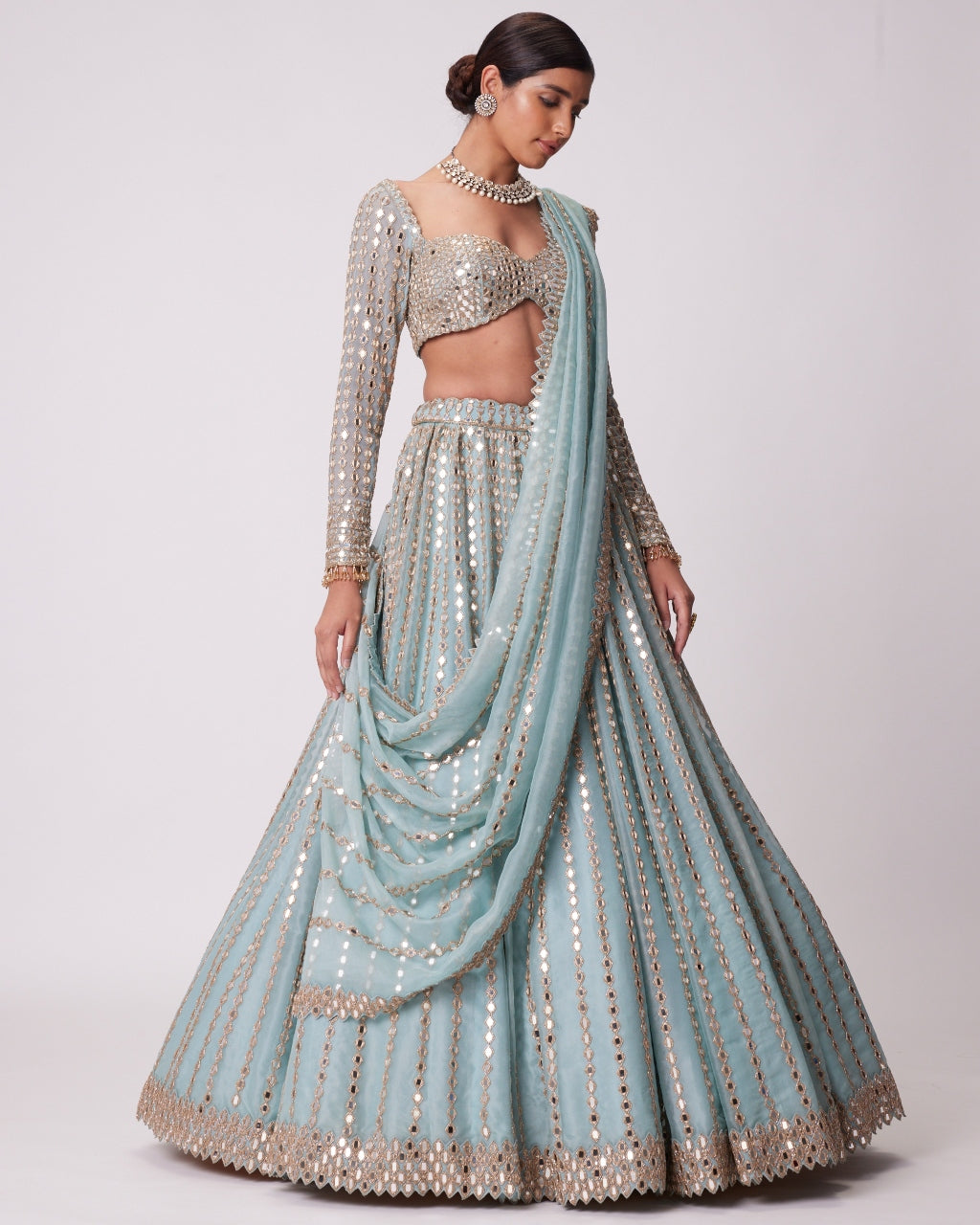 Powder Blue Linear Embroidered Lehenga Set