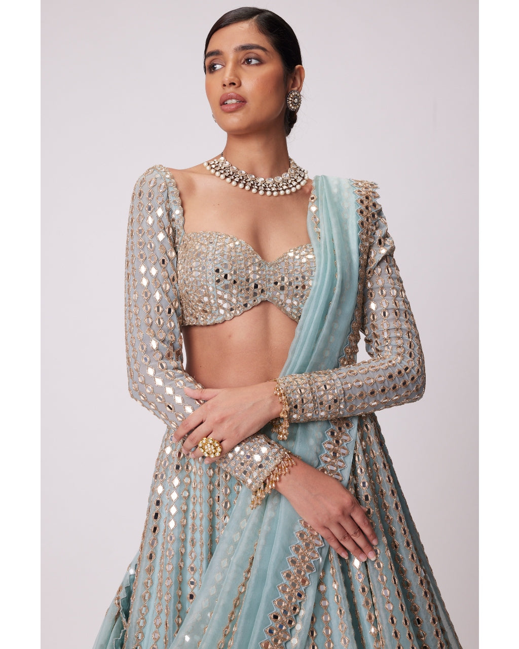 Powder Blue Linear Embroidered Lehenga Set