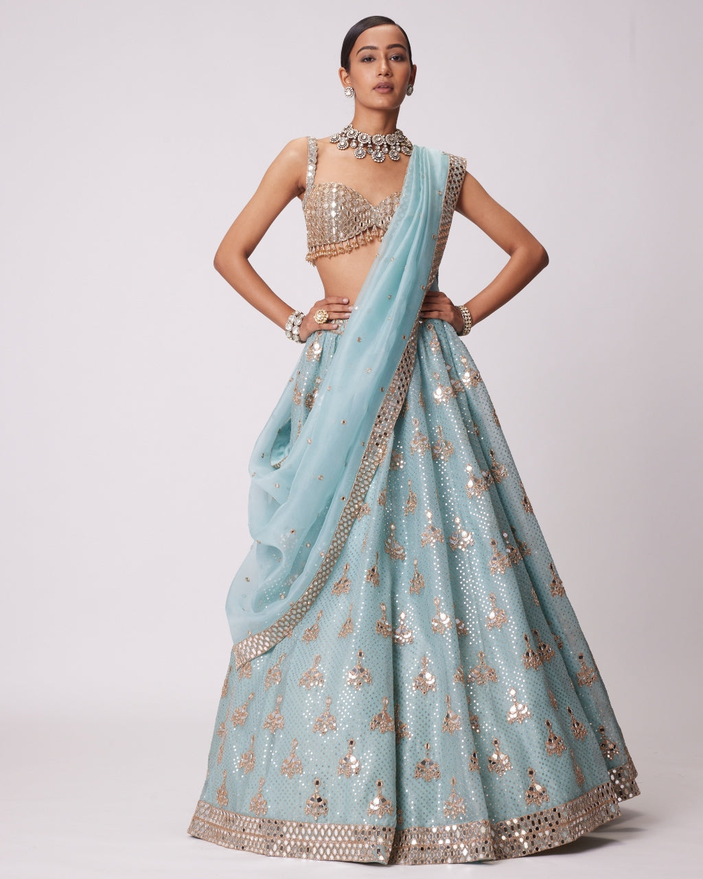 Powder Blue Organza Sequin Embroidered Lehenga Set