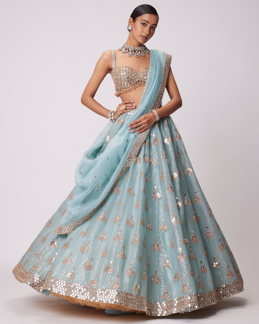 Powder Blue Organza Sequin Embroidered Lehenga Set