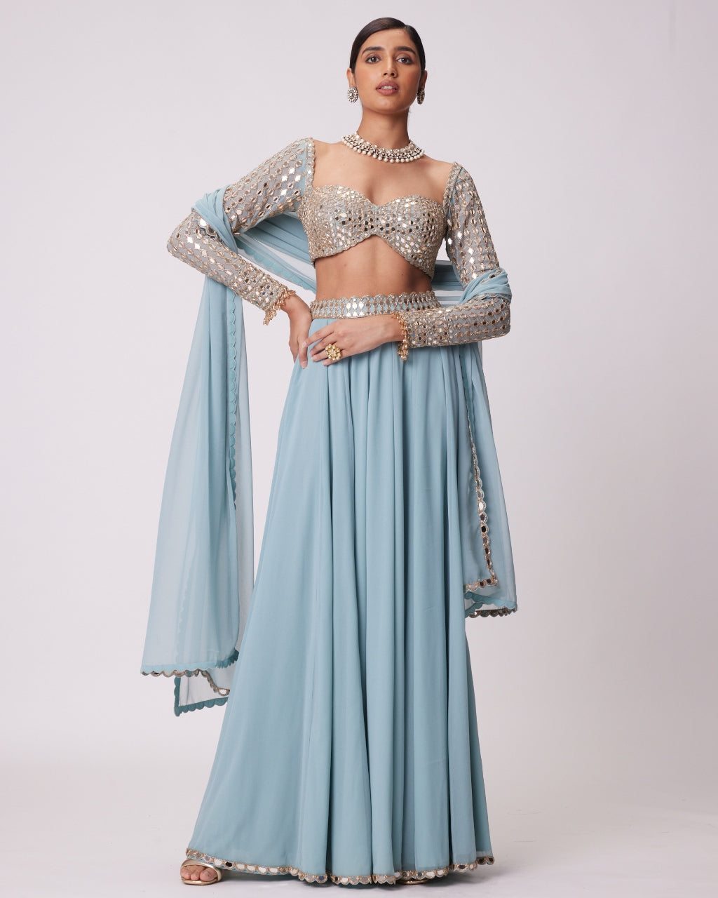 Powder Blue Mirror Embroidered Sharara Set