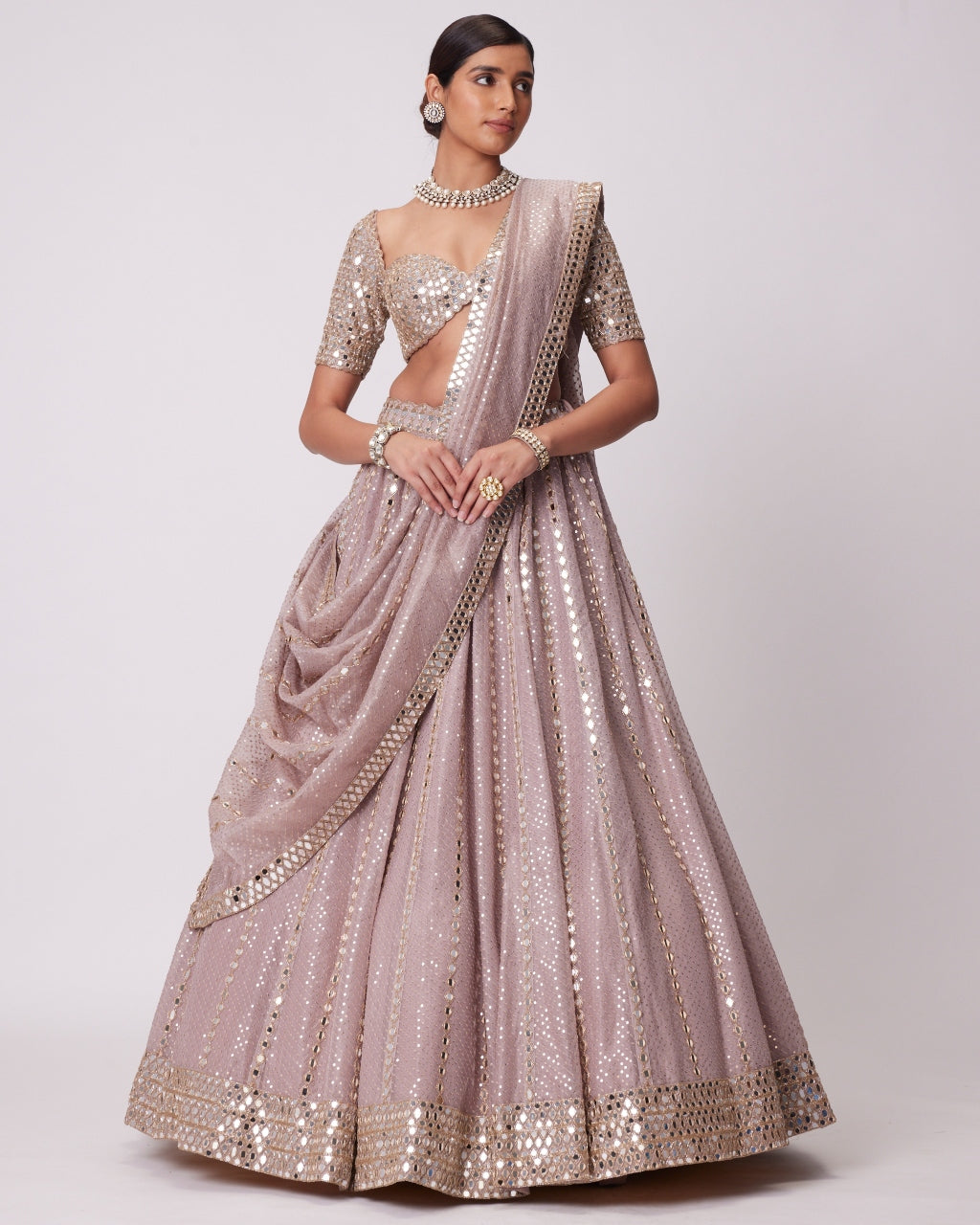 Ash Pink Sequin And Mirror Embroidered Lehenga Set