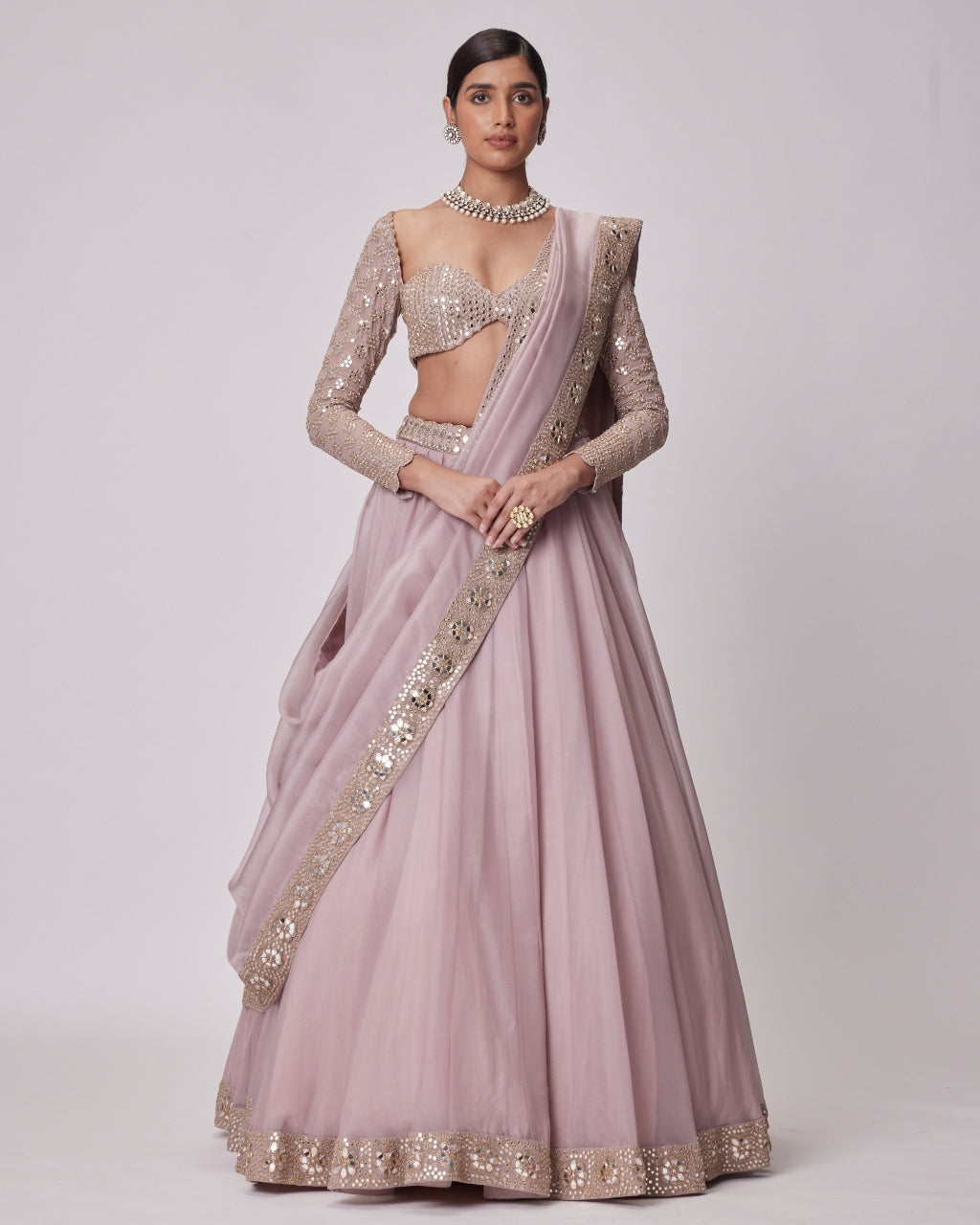 Ash Pink Mirror Hand Embroidered Lehenga Set