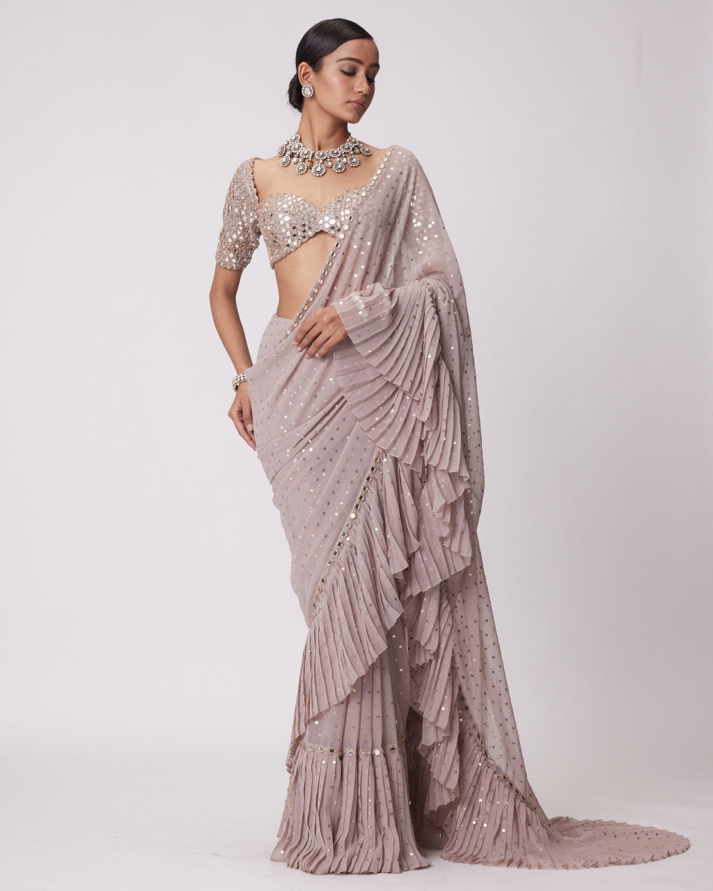 Ash Pink Georgette Frill Sari Set