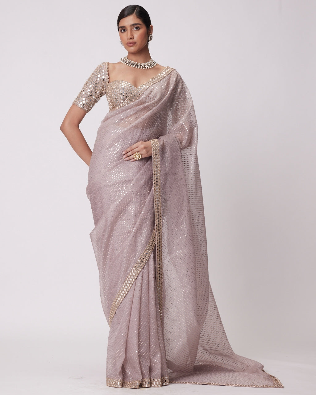 Ash Pink Organza Sari Set