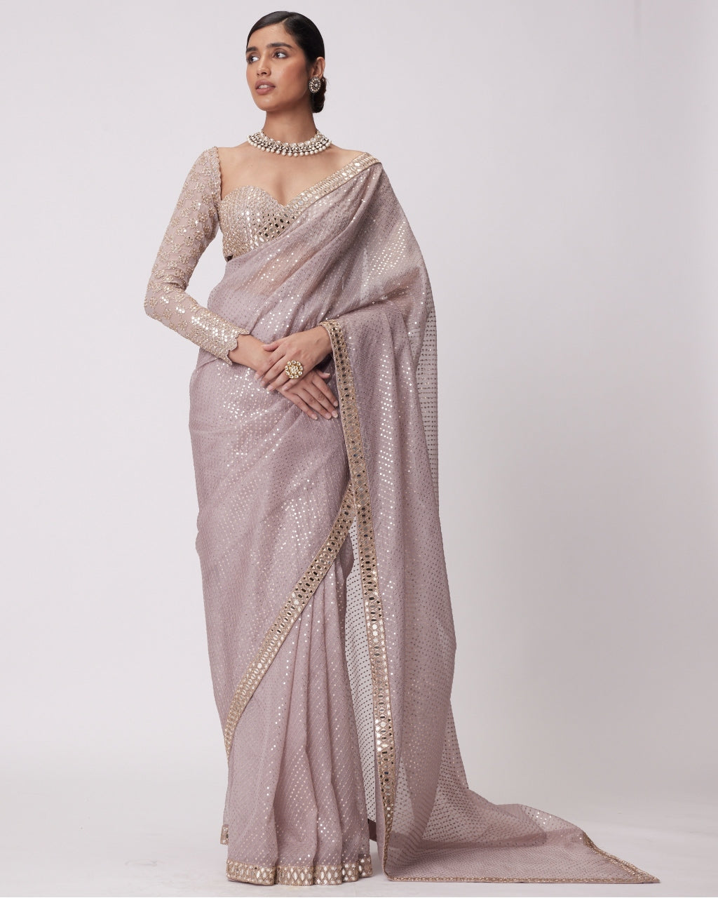 Ash Pink Organza Sari Set