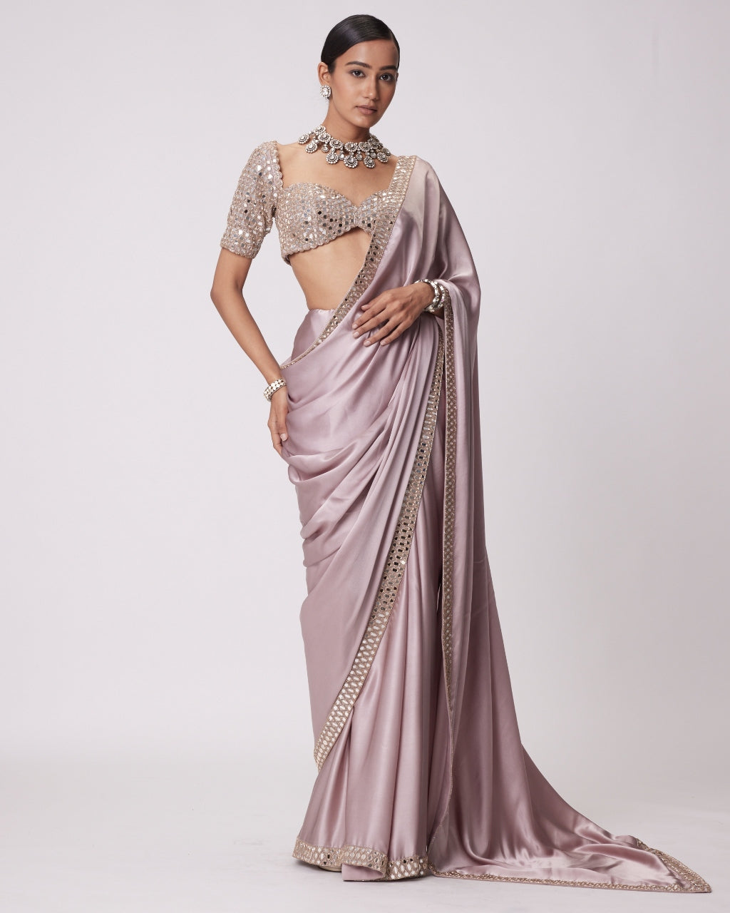 Ash Pink Satin Sari Set