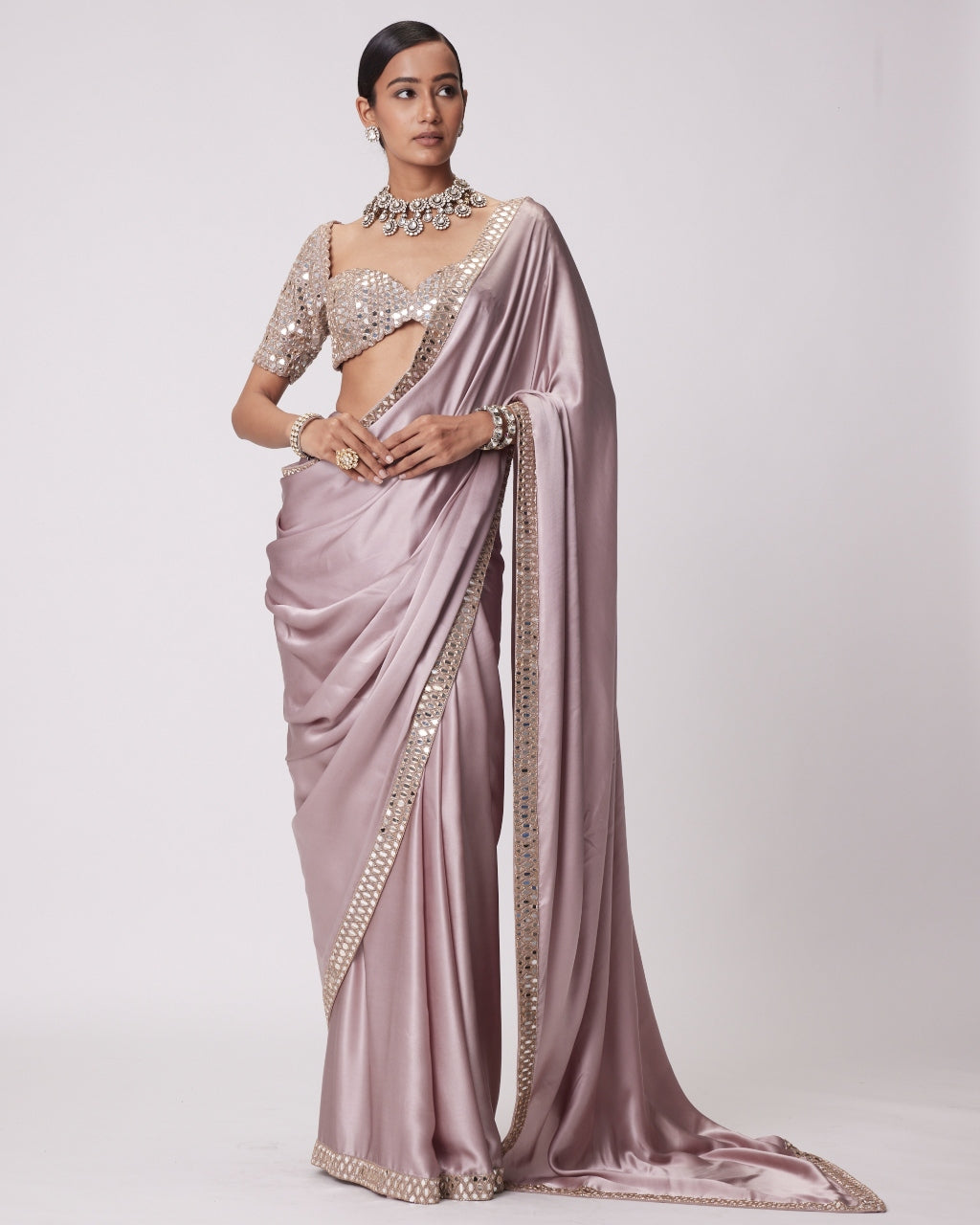 Ash Pink Satin Sari Set