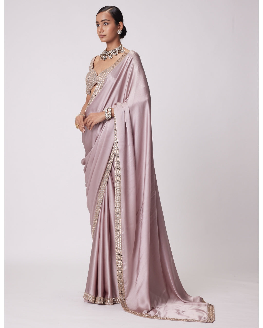 Ash Pink Satin Sari Set