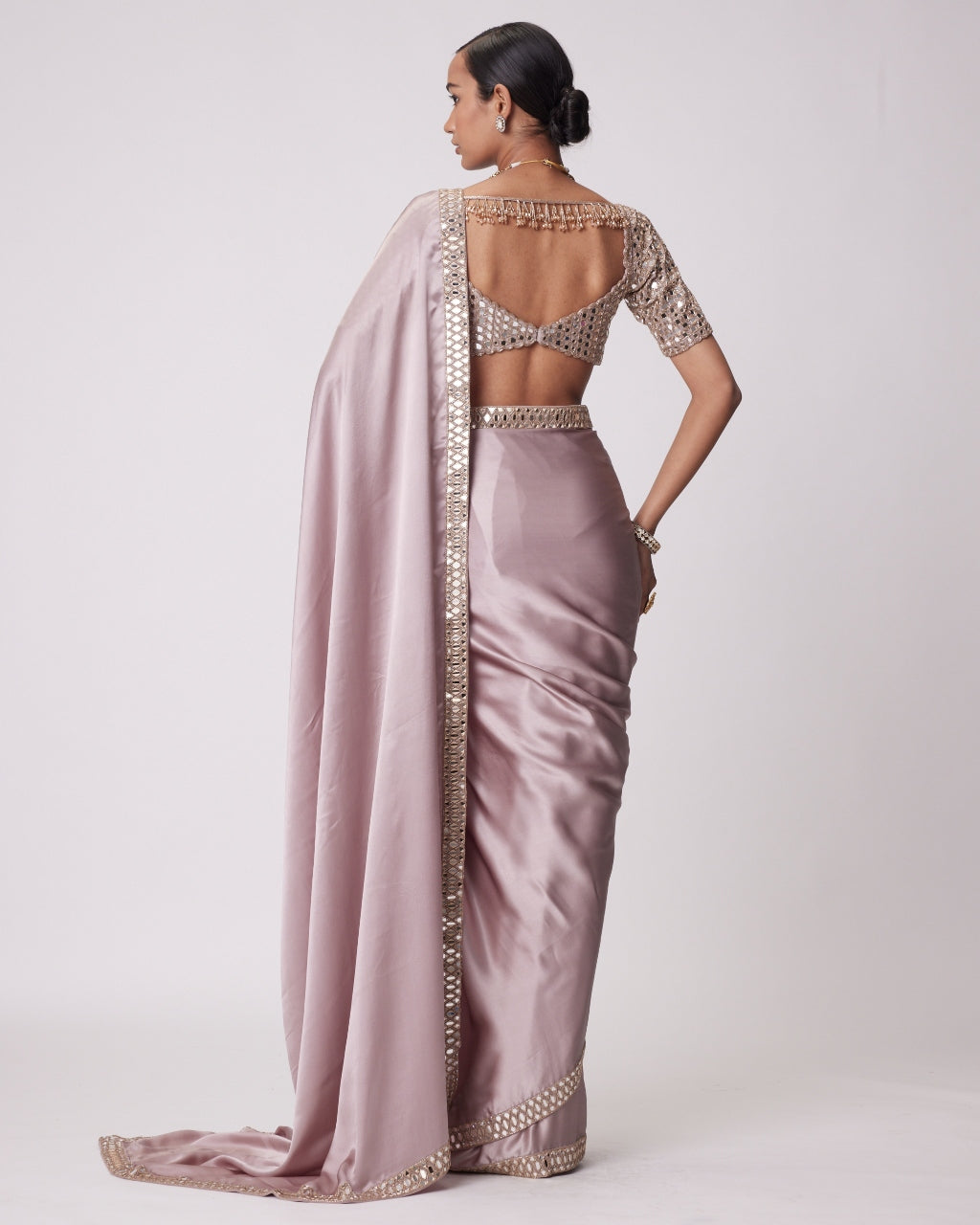 Ash Pink Satin Sari Set