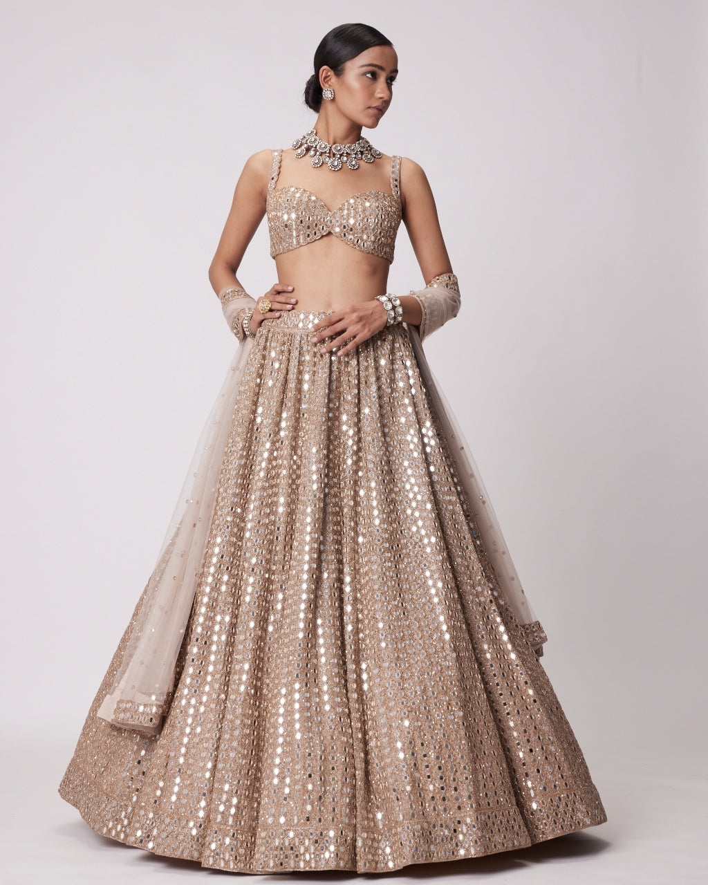 Light Beige Hand Embroidered Lehenga Set