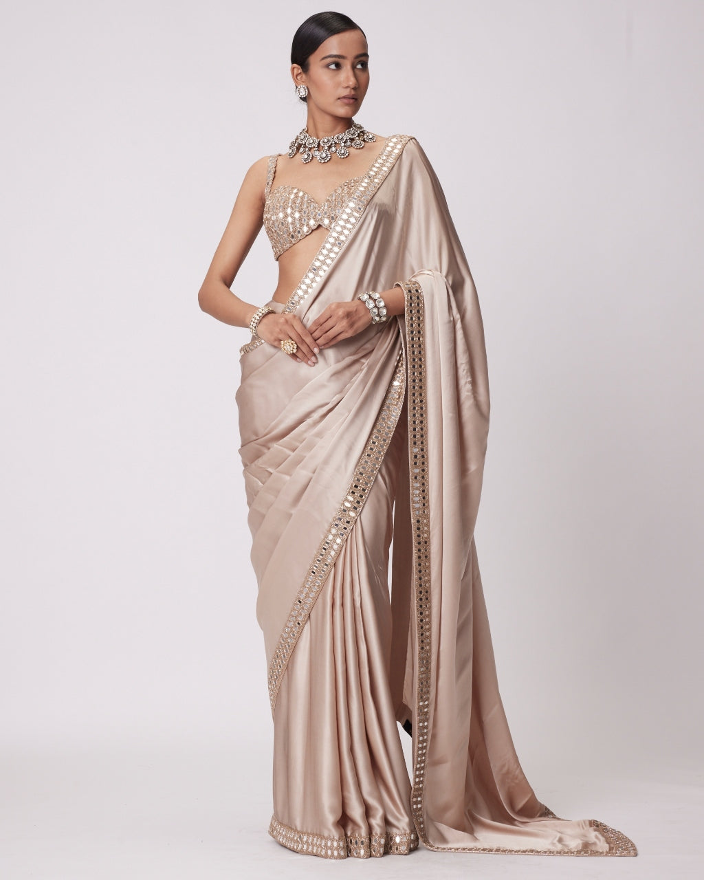 Light Beige Satin Sari Set