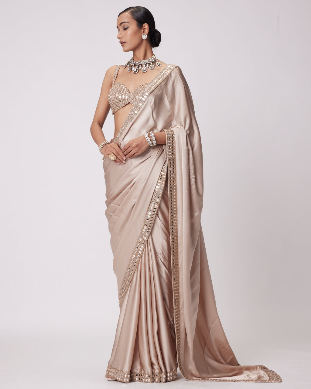 Light Beige Satin Sari Set