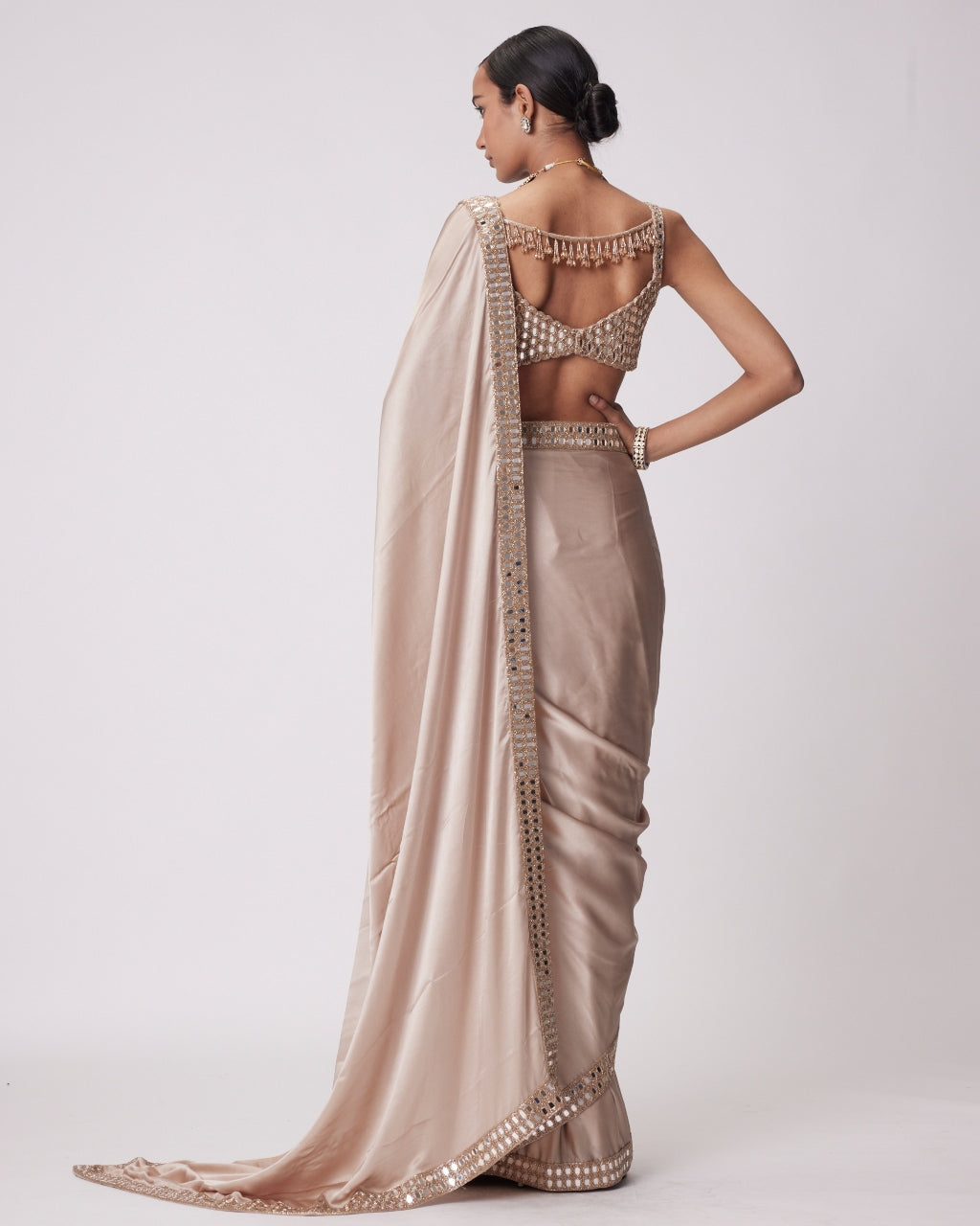 Light Beige Satin Sari Set