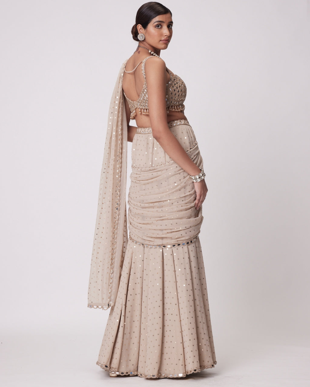 Light Beige Georgette Pre Draped Sari Set