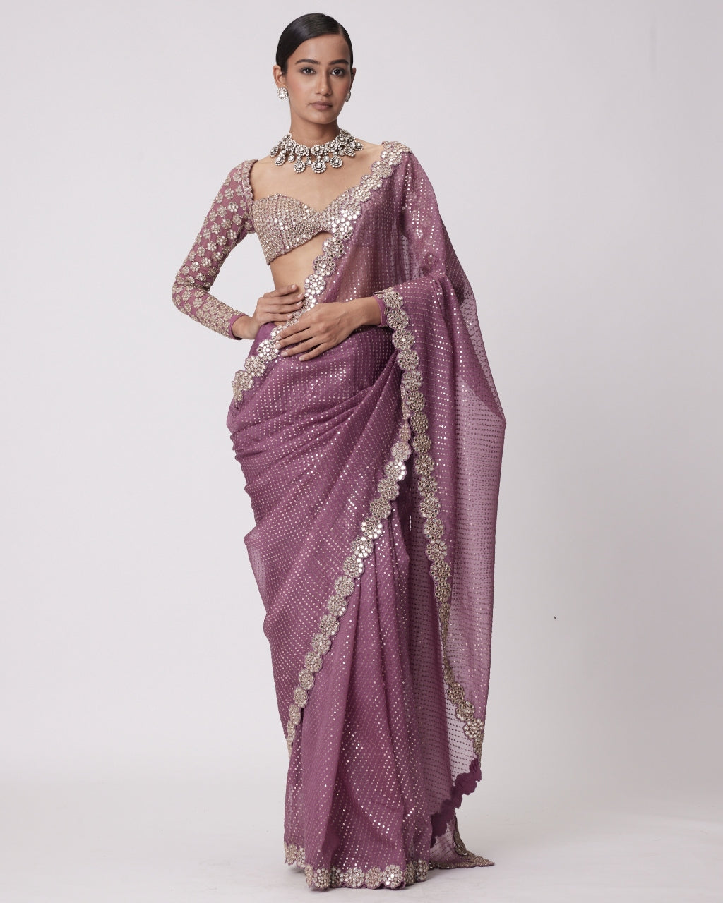 Mud Mauve Hand Embroidered Organza Sari Set