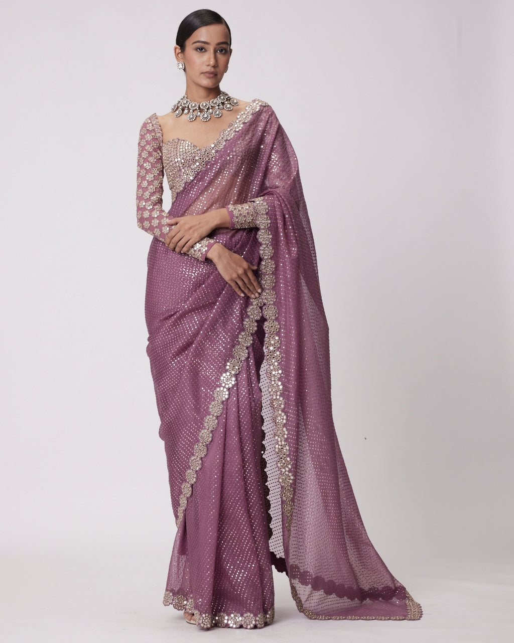 Mud Mauve Hand Embroidered Organza Sari Set