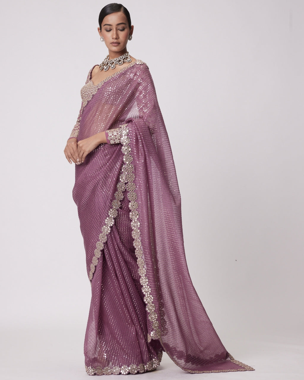 Mud Mauve Hand Embroidered Organza Sari Set