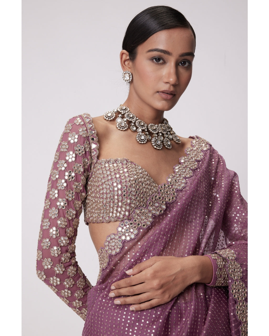 Mud Mauve Hand Embroidered Organza Sari Set