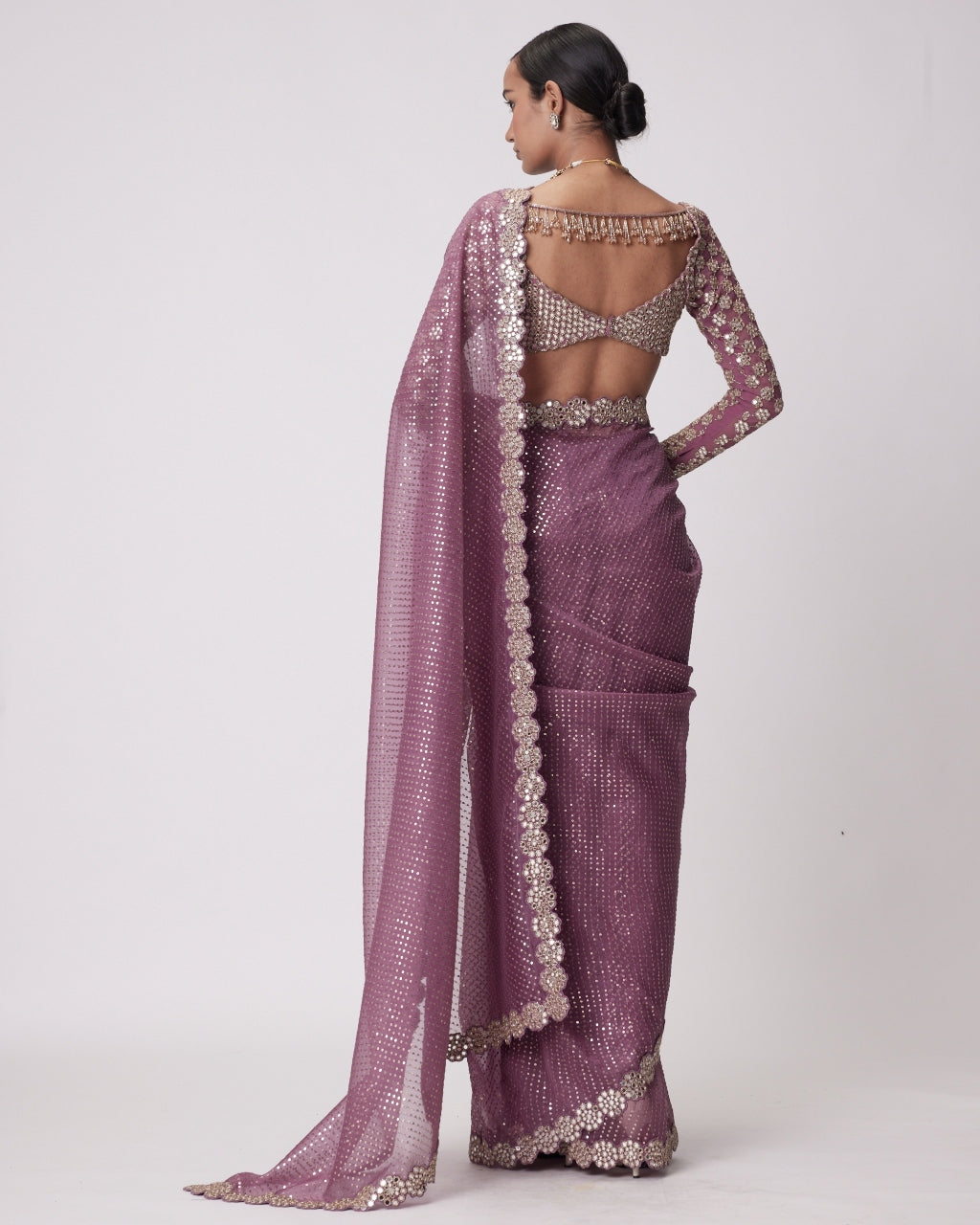 Mud Mauve Hand Embroidered Organza Sari Set