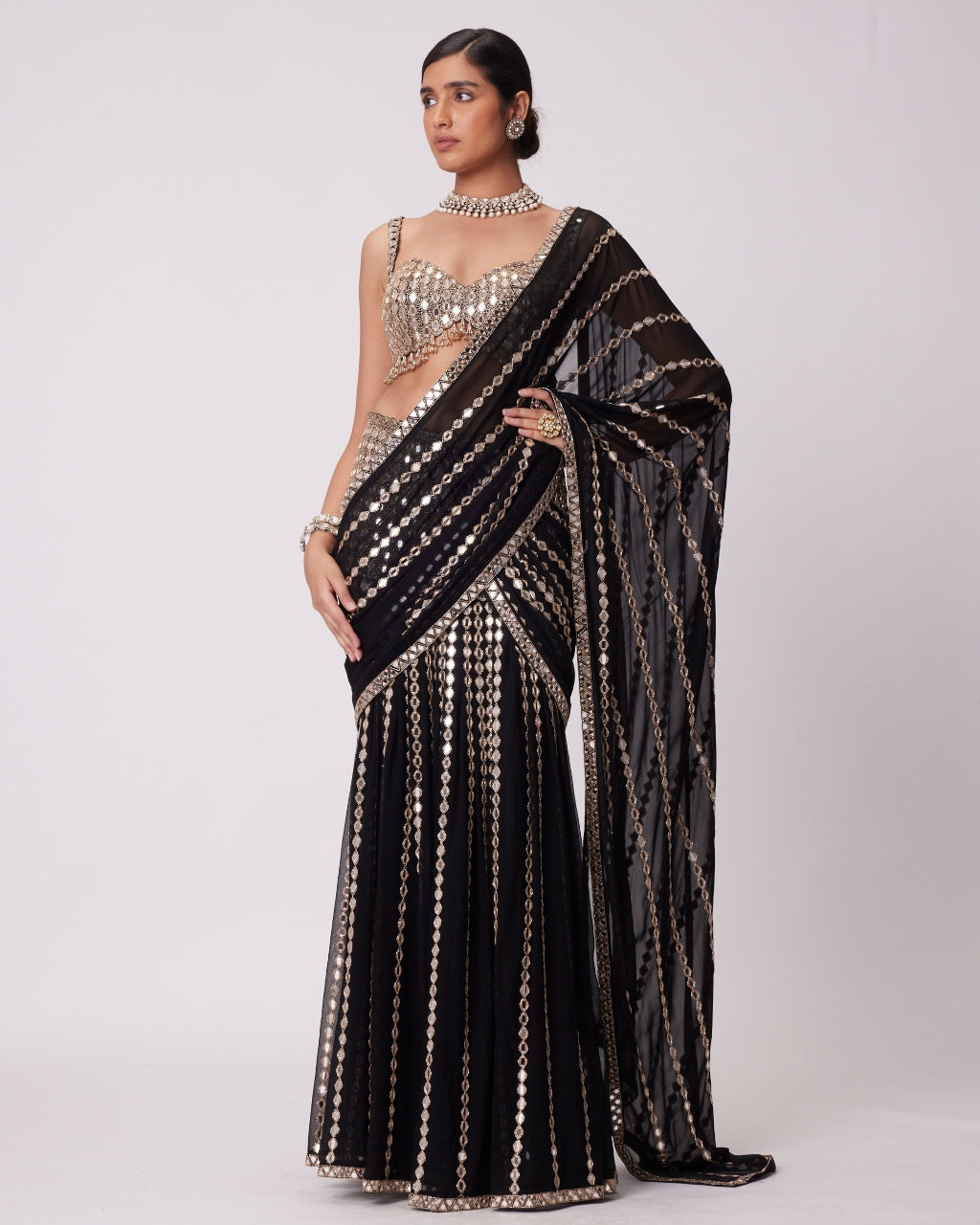 Black Pre Draped Hand Embroidered Sari Set