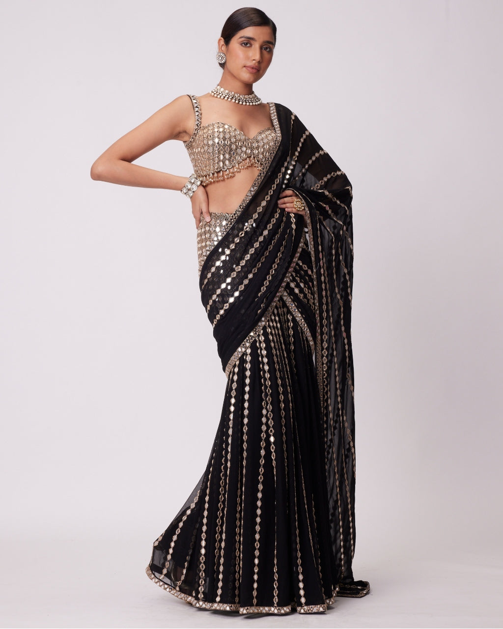 Black Pre Draped Hand Embroidered Sari Set