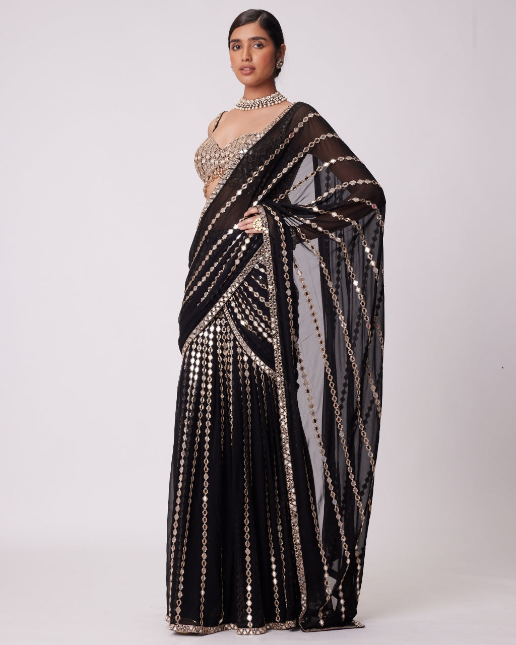 Black Pre Draped Hand Embroidered Sari Set