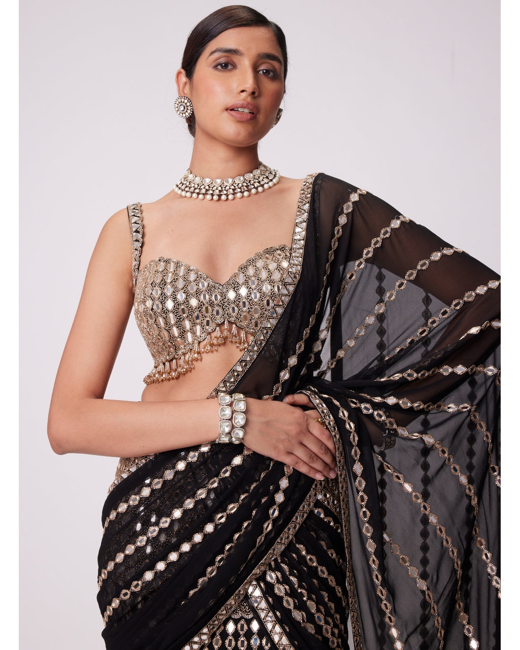 Black Pre Draped Hand Embroidered Sari Set