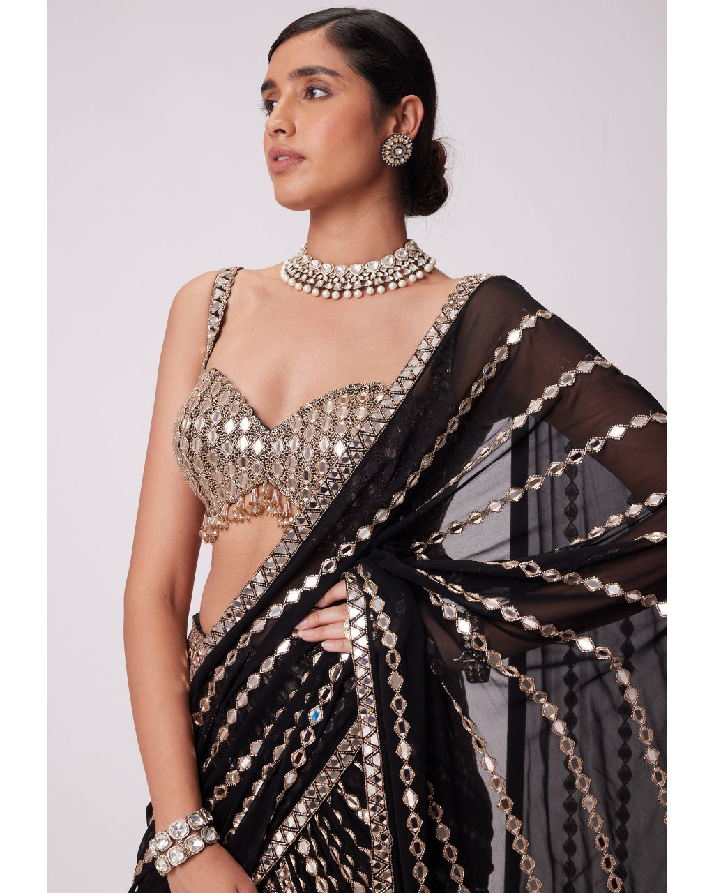 Black Pre Draped Hand Embroidered Sari Set