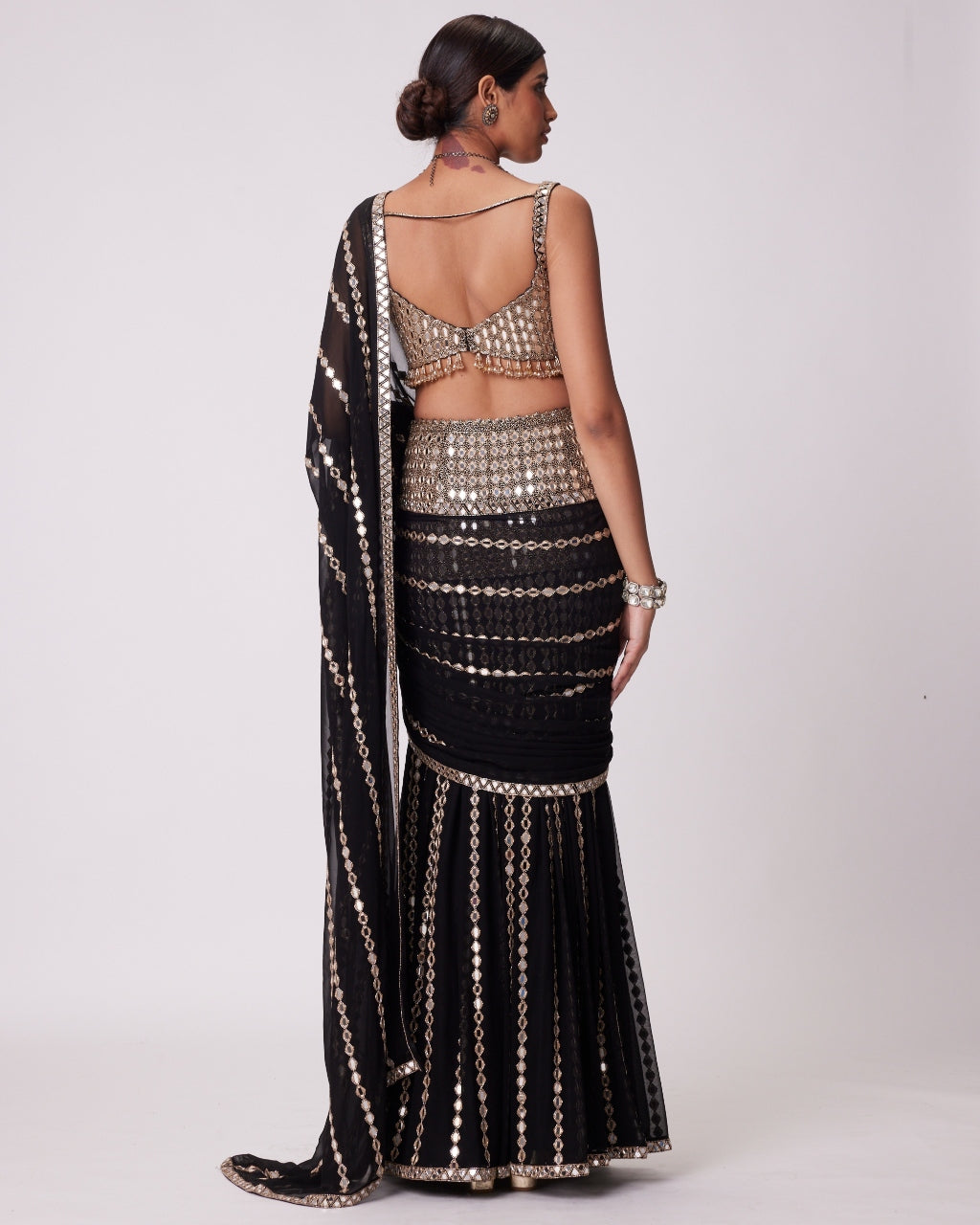 Black Pre Draped Hand Embroidered Sari Set