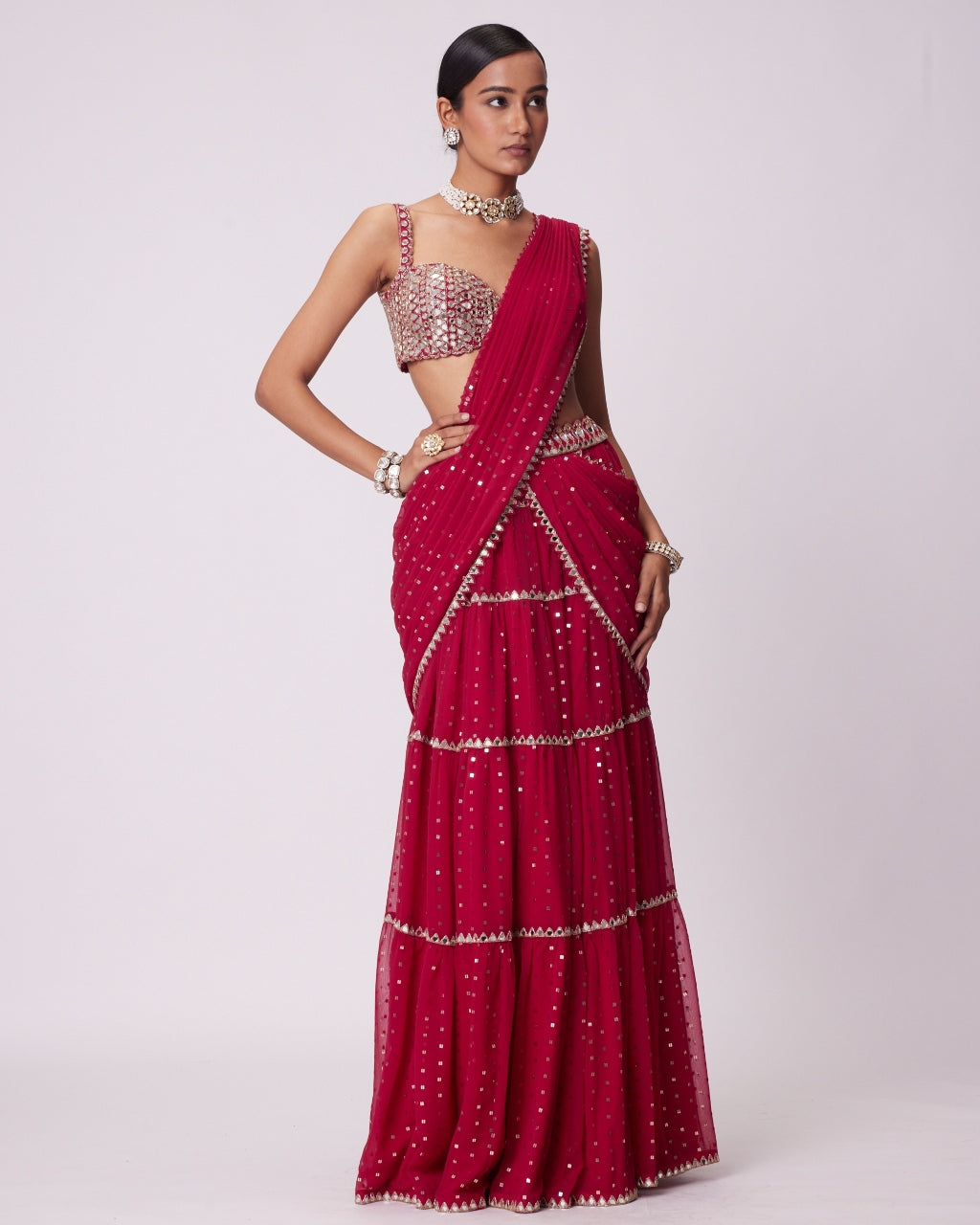 Crimson Red Multi- Tier Sequin Embroidered Sari Set