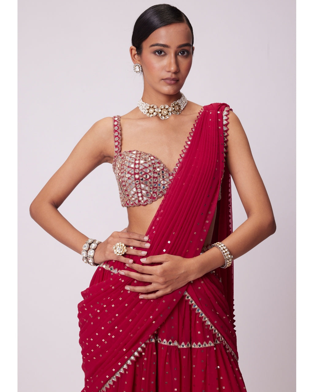 Crimson Red Multi- Tier Sequin Embroidered Sari Set